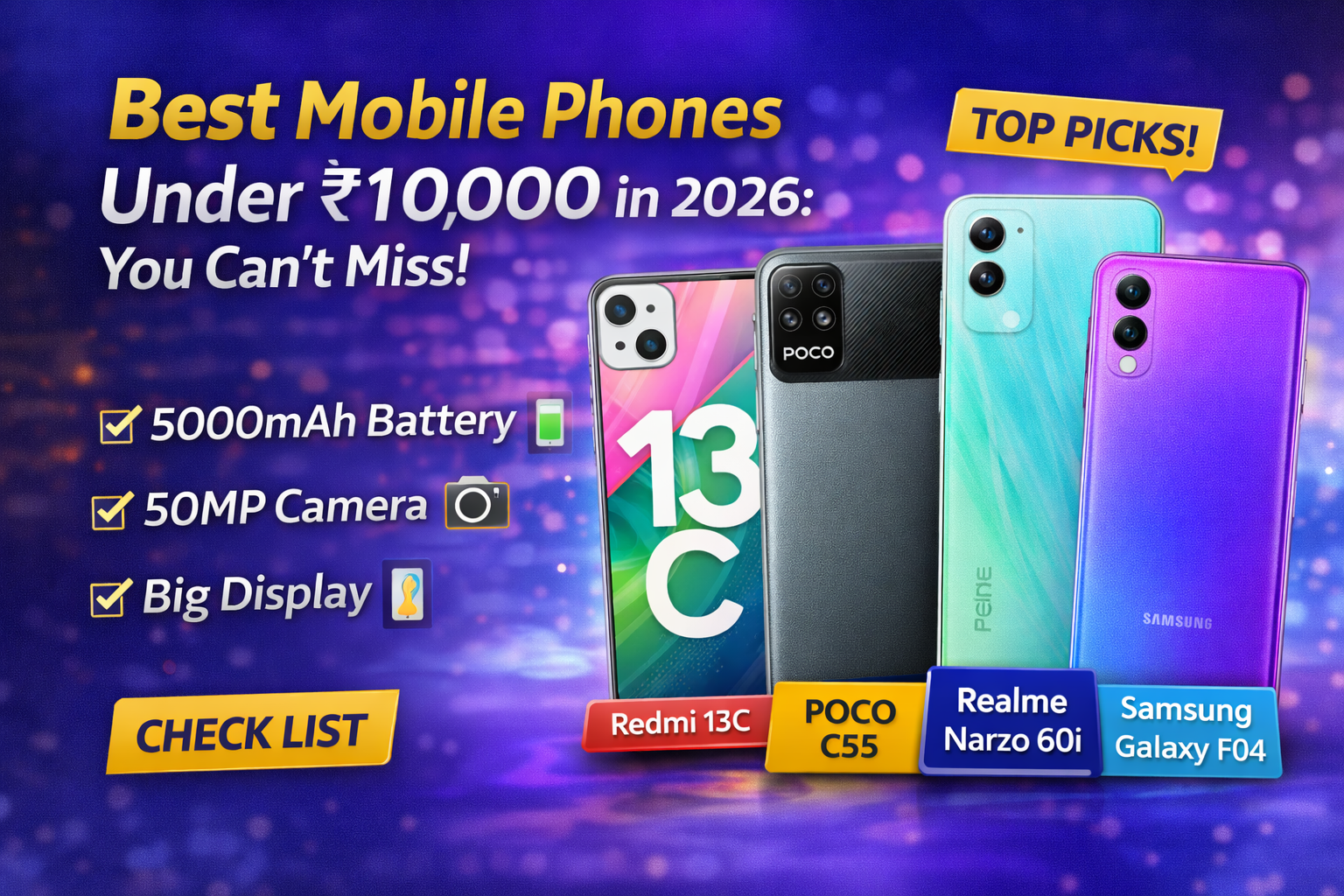 Best mobile phones under ₹10,000 in 2026 featuring Redmi 13C, POCO C55, Realme Narzo 60i and Samsung Galaxy F04