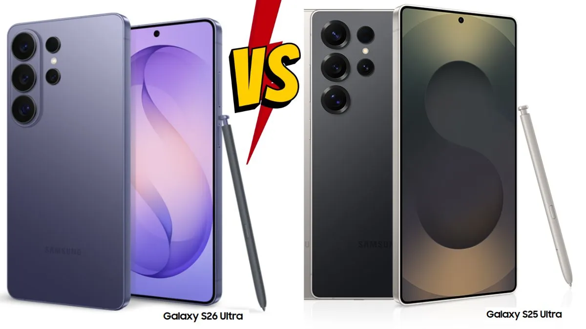 Samsung Galaxy S25 Ultra, Samsung Galaxy S26 Ultra and Samsung S24 smartphones side-by-side for price, specs and feature comparison