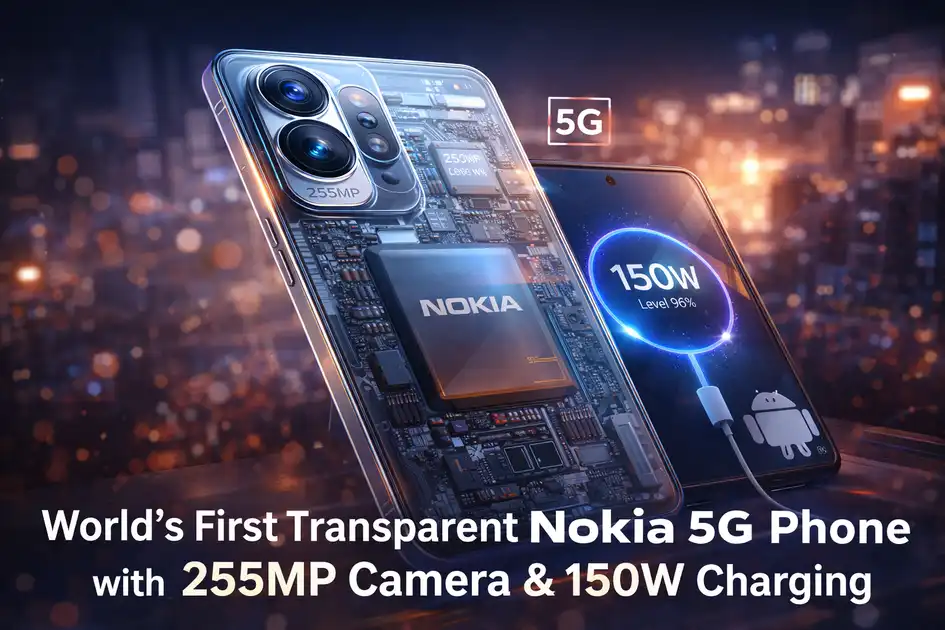 Transparent Nokia 5G smartphone showing internal components with 255MP camera and 150W fast charging futuristic design